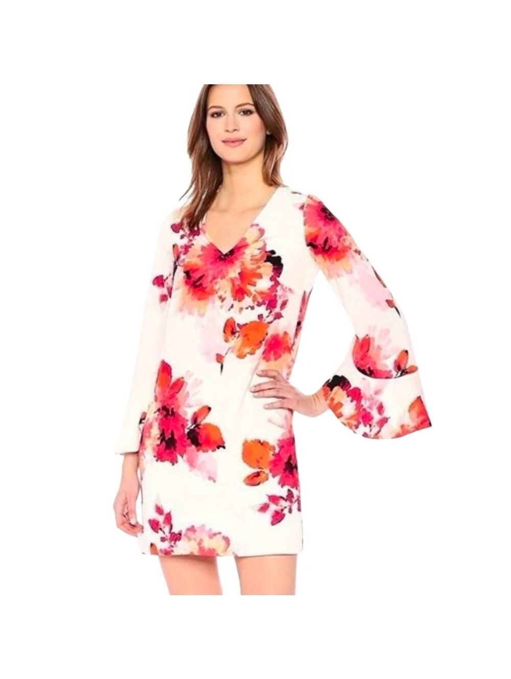 Calvin Klein Size 10 Shift Dress White With Pink And Orange Hibiscus Flowers